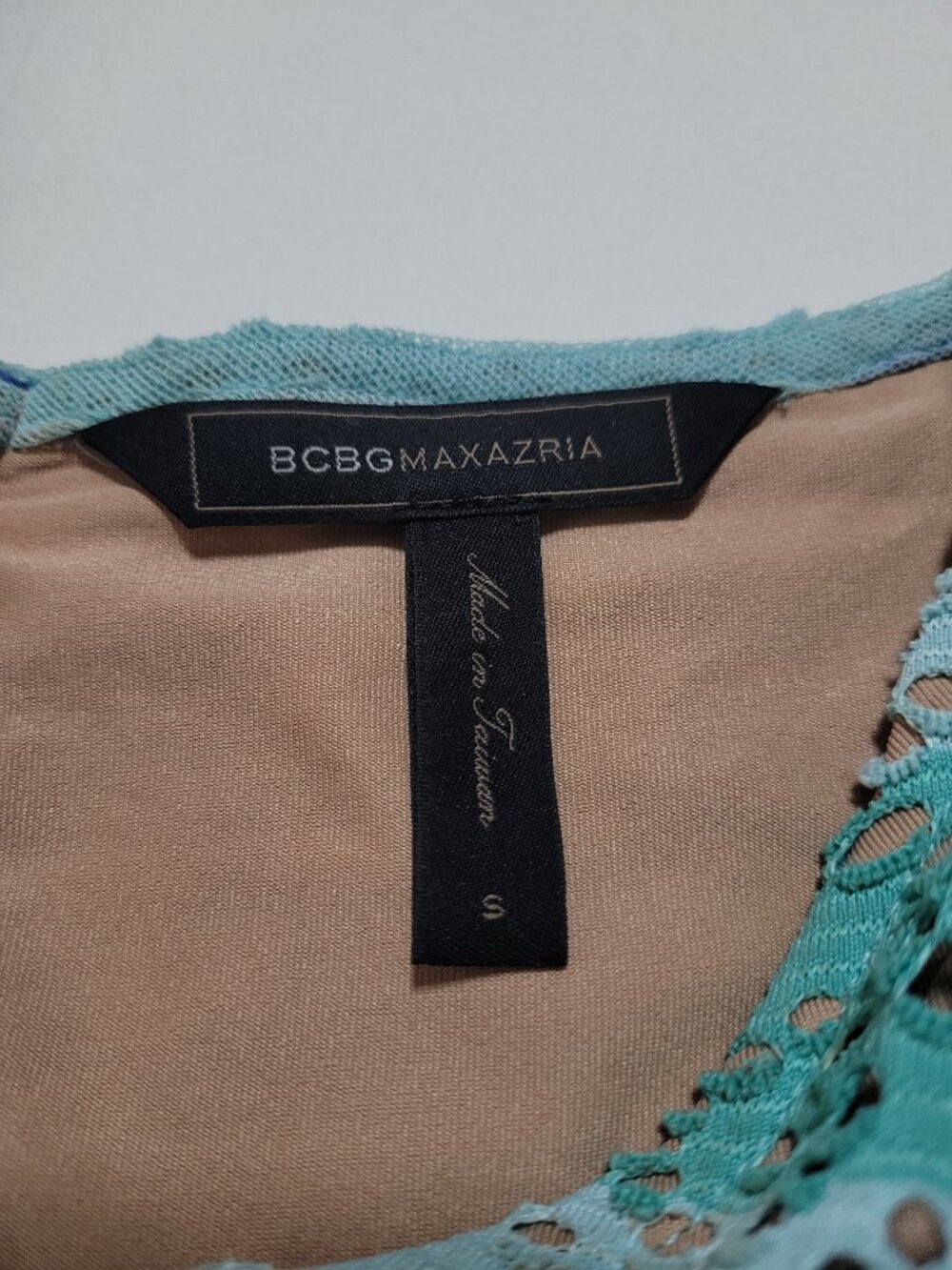 BCBGMAXAZRIA Heidy Lace Peplum Top Aqua Combo Stripe Small Quiet Luxury - Picture 7 of 10